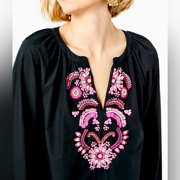 Lilly Pulitzer Iva Embellished Top Black Pink V-Neck Boho Long Sleeve SZ XXS - Picture 1 of 10